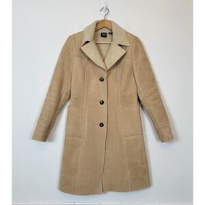 GAP‎ Women's Tan Faux Suede Shealing Lined Coat Sz M Button Front Winter Jacket